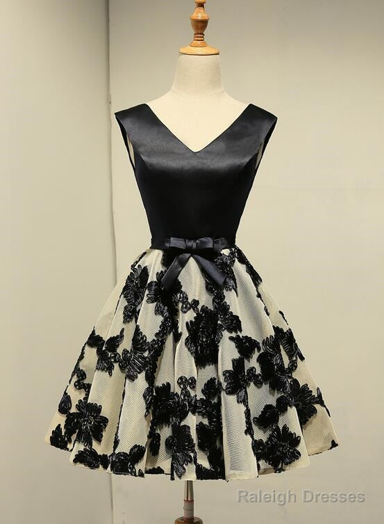 Cute Black Knee Length Lace Homecoming Dress, Party Dress Main image