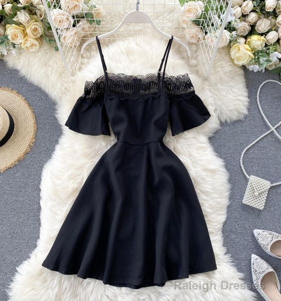 Cute Black Lace Short Dress A Line Off Shoulder Dress Homecoming Dresses Main image