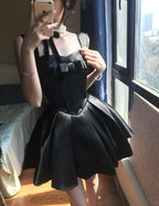 Cute Black Satin Bow A-Line Mini 17Th Birthday Homecoming Dress