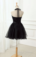 Cute Black Tulle Halter Short Homecoming Dress, Black Prom Dress