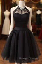 Cute Black Tulle Halter Short Homecoming Dress, Black Prom Dress