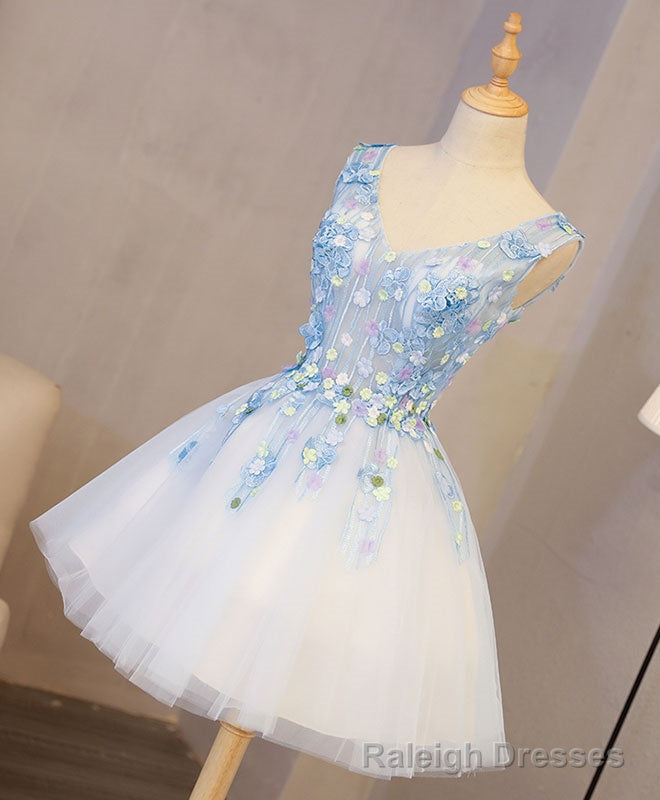 Cute Blue Lace Applique Short Prom Dress, Homecoming Dress Secondary image