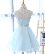 Cute Blue Lace Tulle Short Prom Dress. Cute Homecoming Dress