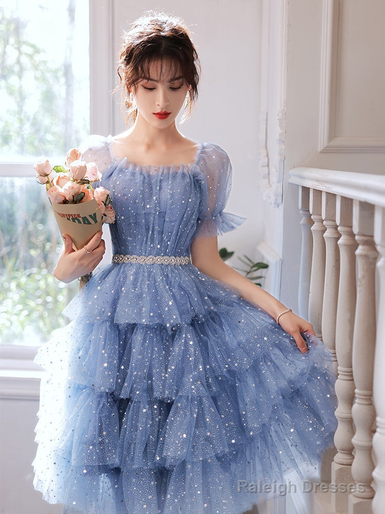 Cute Blue Layers Shiny Tulle Short Sleeves Party Dress, Blue Homecoming Dresses Secondary image