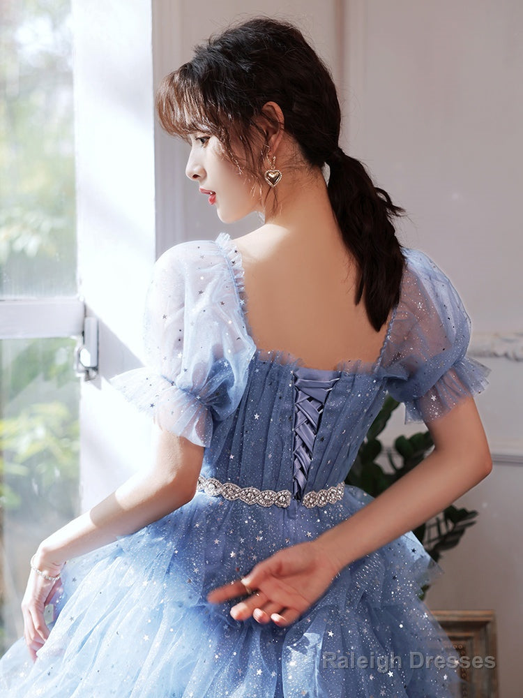 Cute Blue Layers Shiny Tulle Short Sleeves Party Dress, Blue Homecoming Dresses