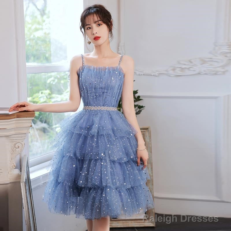 Cute Blue Layers Shiny Tulle Short Sleeves Party Dress, Blue Homecoming Dresses
