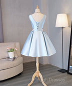Cute Blue Satin Short Homecoming Dress Party Dress, Blue Prom Dress With Flowers