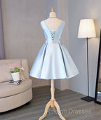 Cute Blue Satin Short Homecoming Dresses Prom Dresses Blue Prom Dresses With Flowers