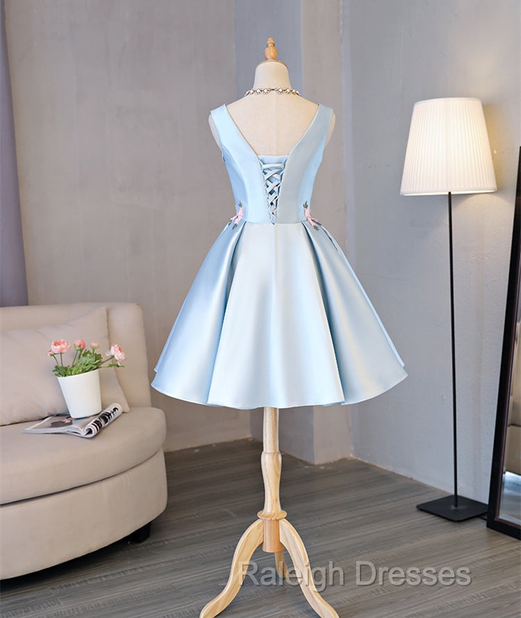 Cute Blue Satin Short Homecoming Dresses Prom Dresses Blue Prom Dresses With Flowers