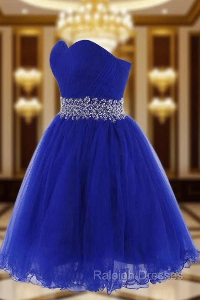 Cute Blue Sweetheart Tulle Cocktail Dresses Homecoming Dresses With Beading Short Prom Dresses Main image