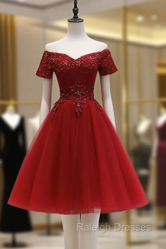 Cute Burgundy Off Shoulder Tulle Prom Dress, Wine Red Homecoming Dress Secondary image