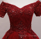 Cute Burgundy Off Shoulder Tulle Party Dress, Wine Red Homecoming Dress