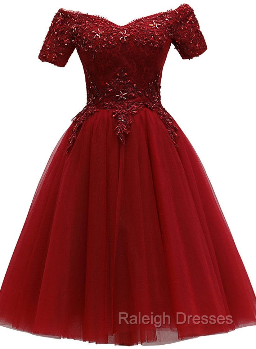 Cute Burgundy Off Shoulder Tulle Party Dress, Wine Red Homecoming Dress Main image