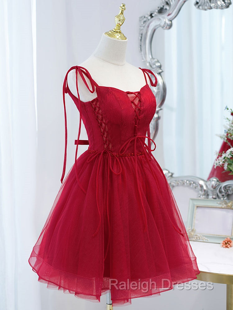 Cute Burgundy Tulle Lace Short Prom Dress, Lace Burgundy Puffy Homecoming Dress Secondary image