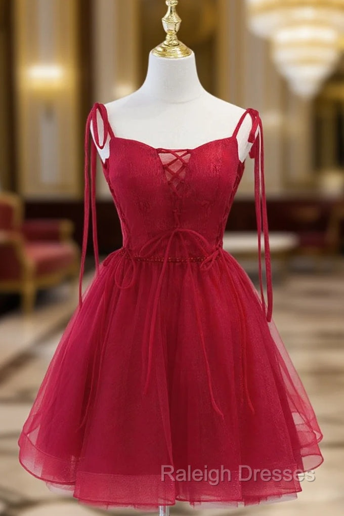Cute Burgundy Tulle Lace Short Prom Dresses Lace Burgundy Puffy Homecoming Dresses Main image