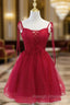 Cute Burgundy Tulle Lace Short Prom Dresses Lace Burgundy Puffy Homecoming Dresses