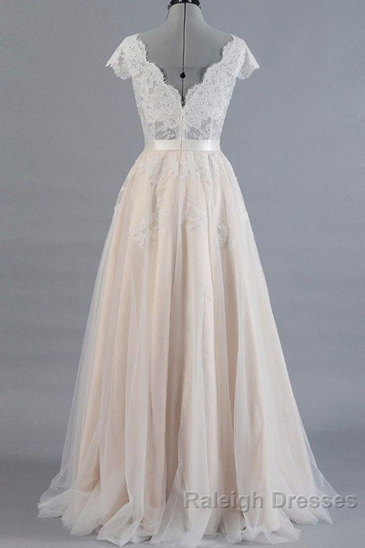 Cute Cap Sleeve V Neck Lace Tulle Wedding Dresses Secondary image