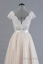 Cute Cap Sleeve V Neck Lace Tulle Wedding Dresses
