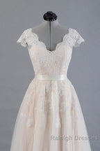 Cute Cap Sleeve V Neck Lace Tulle Wedding Dresses