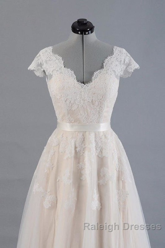 Cute Cap Sleeve V Neck Lace Tulle Wedding Dresses
