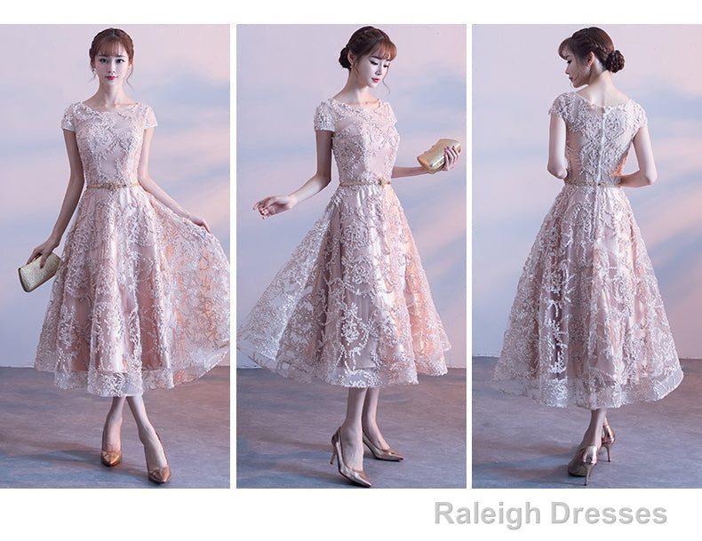 Cute Cap Sleeves Lace Tea Length Bridesmaid Dress, Lovely Bridesmaid Dress