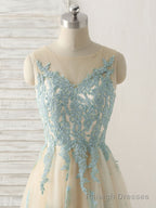 Cute Champagne Lace Long Prom Dress, A Line Tulle Bridesmaid Dress