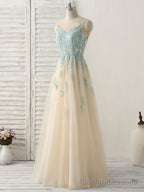 Cute Champagne Lace Long Prom Dress, A Line Tulle Bridesmaid Dress