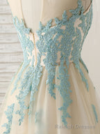 Cute Champagne Lace Long Prom Dress, A Line Tulle Bridesmaid Dress