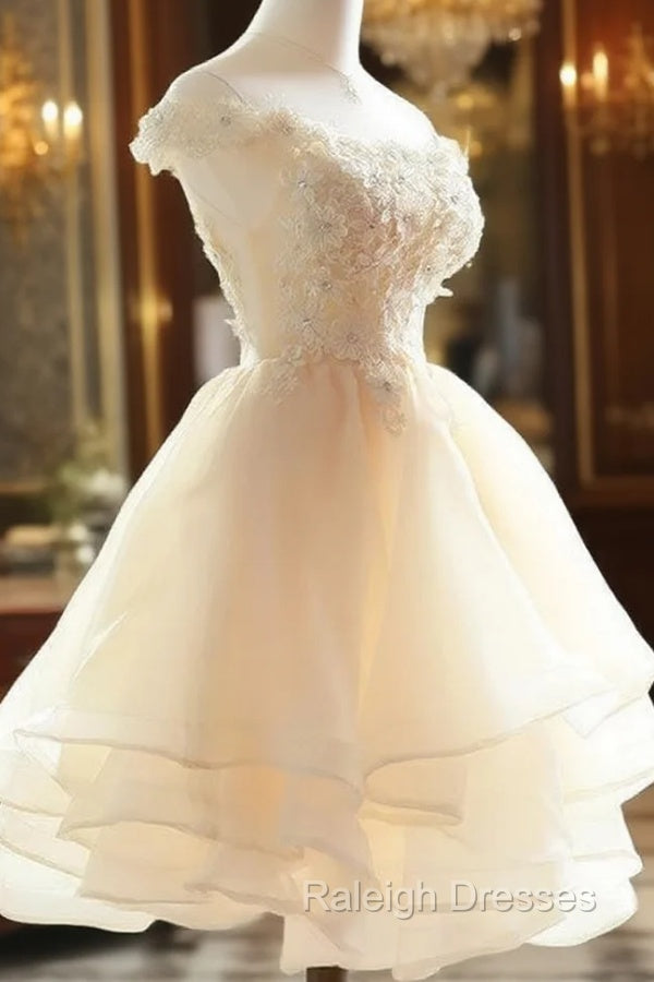 Cute Champagne Organza Layers Knee Length Homecoming Dress with Lace, Short Prom Dress Secondary image