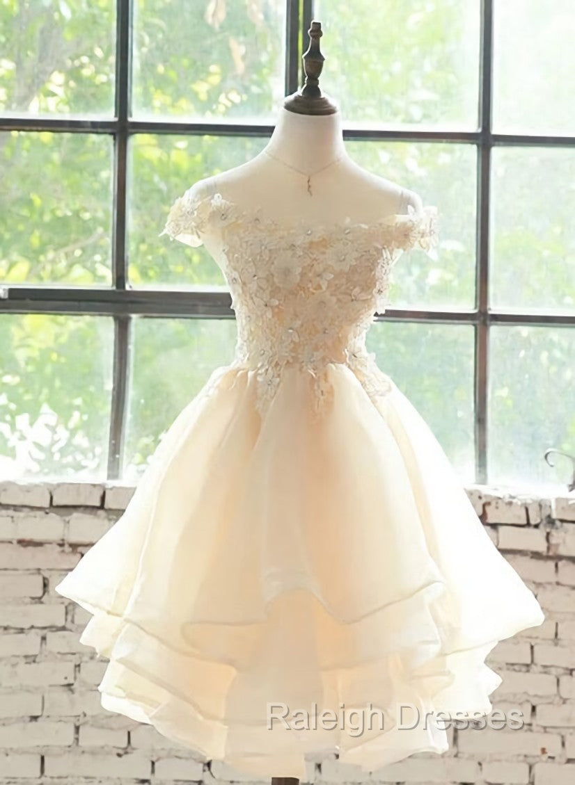 Cute Champagne Organza Layers Knee Length Homecoming Dress with Lace, Short Prom Dress Main image