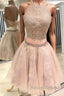 Cute champagne tulle lace short prom dress, homecoming dress