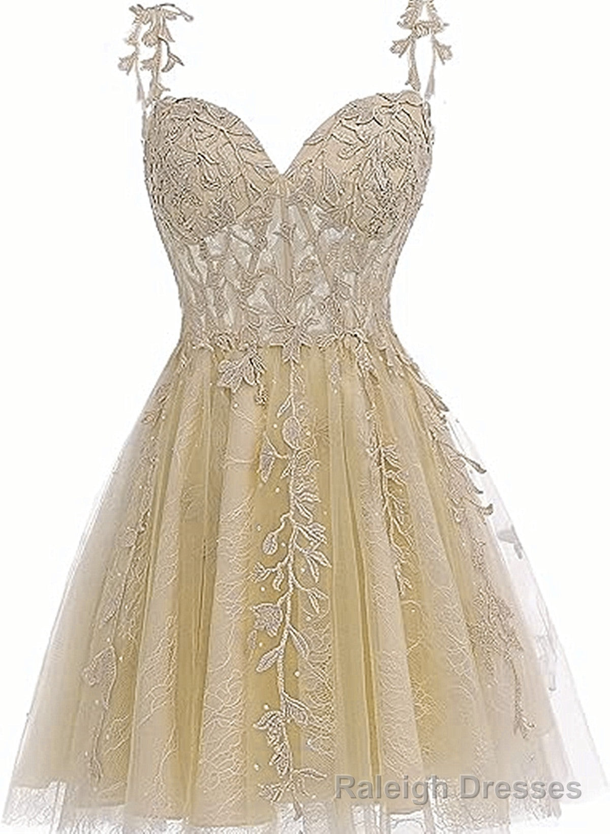 Cute Champagne Tulle Short Lace Homecoming Dress, Sweetheart Knee Length Party Dress