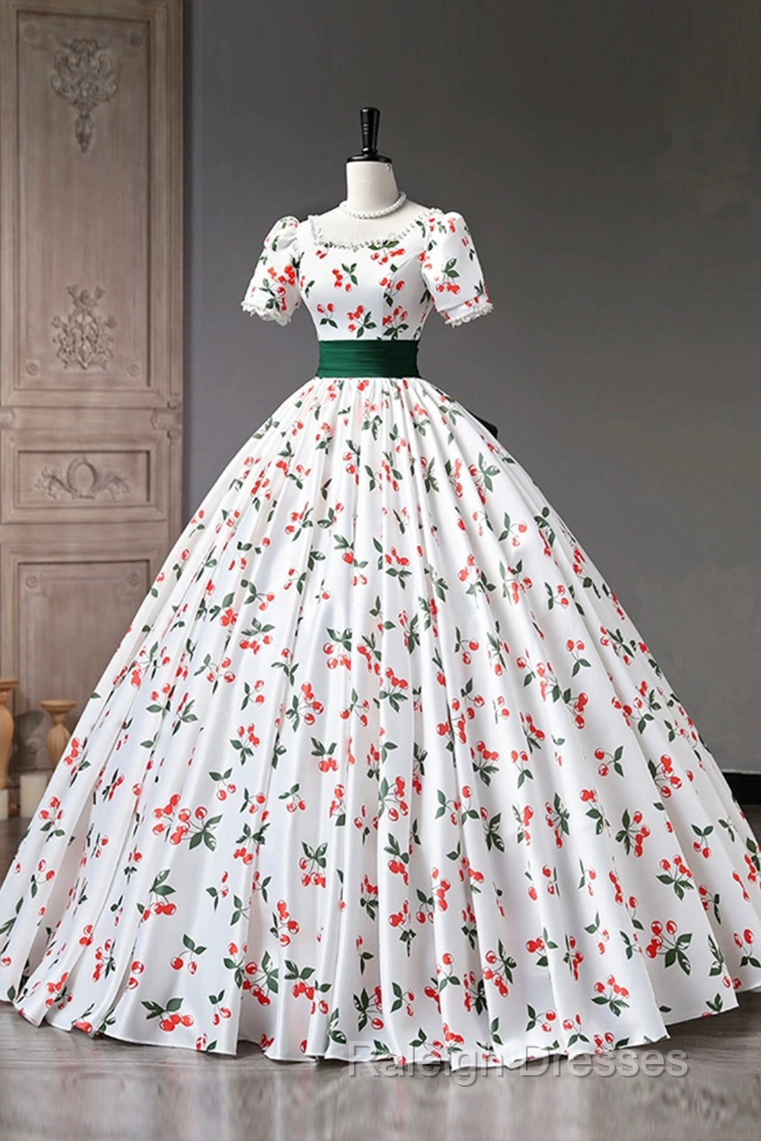 Cute Cherry Pattern Long Princess Prom Dress, White A-Line Evening Party Dress Secondary image
