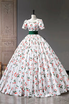 Cute Cherry Pattern Long Princess Prom Dress, White A-Line Evening Party Dress