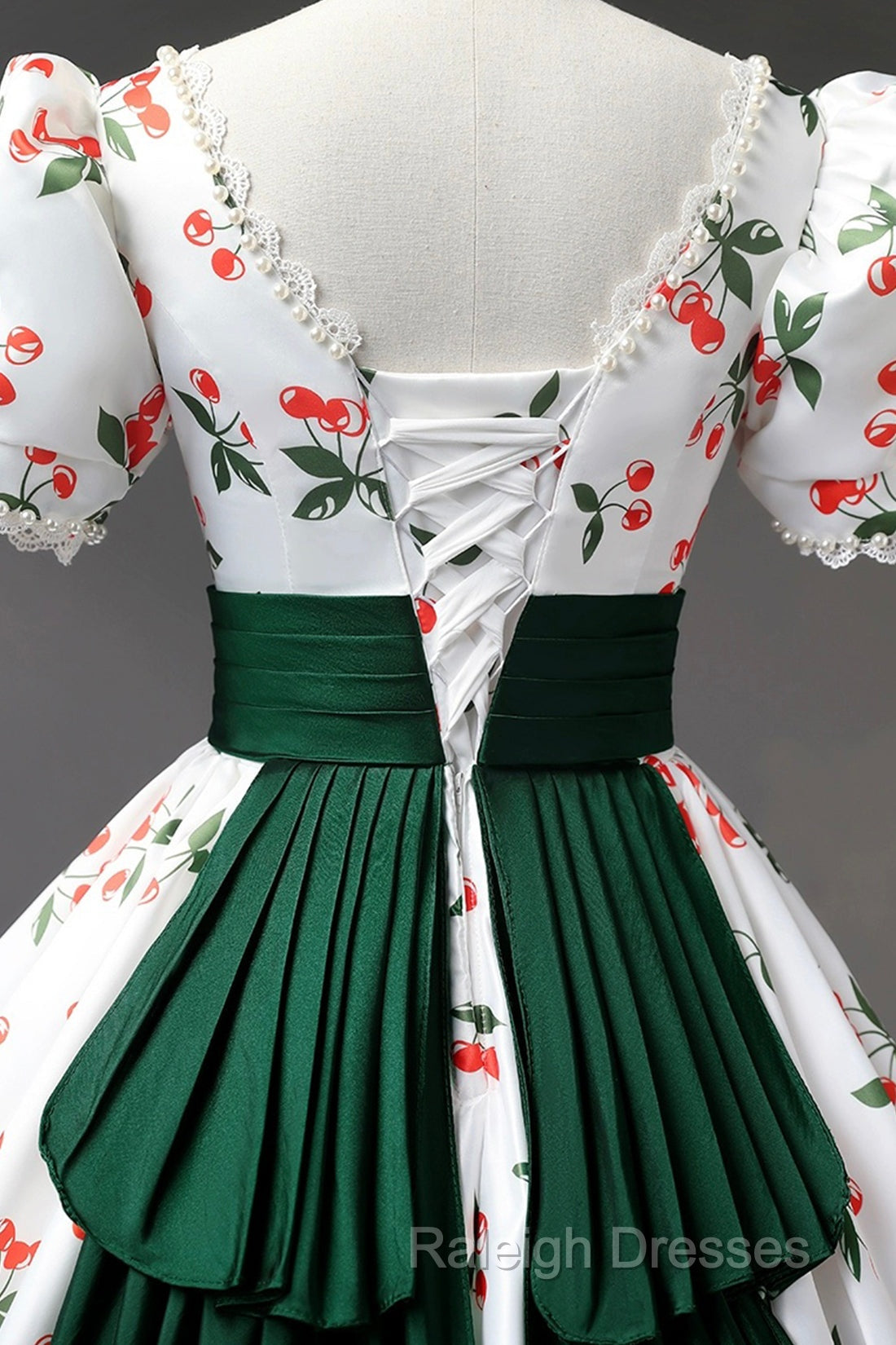 Cute Cherry Pattern Long Princess Prom Dress, White A-Line Evening Party Dress