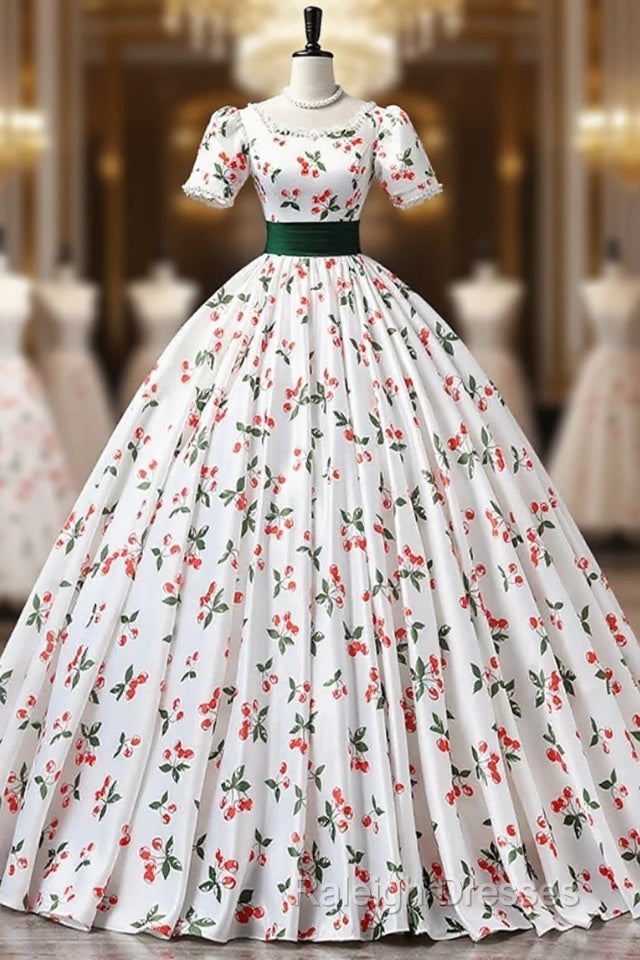 Cute Cherry Pattern Long Princess Prom Dress, White A-Line Evening Party Dress Main image