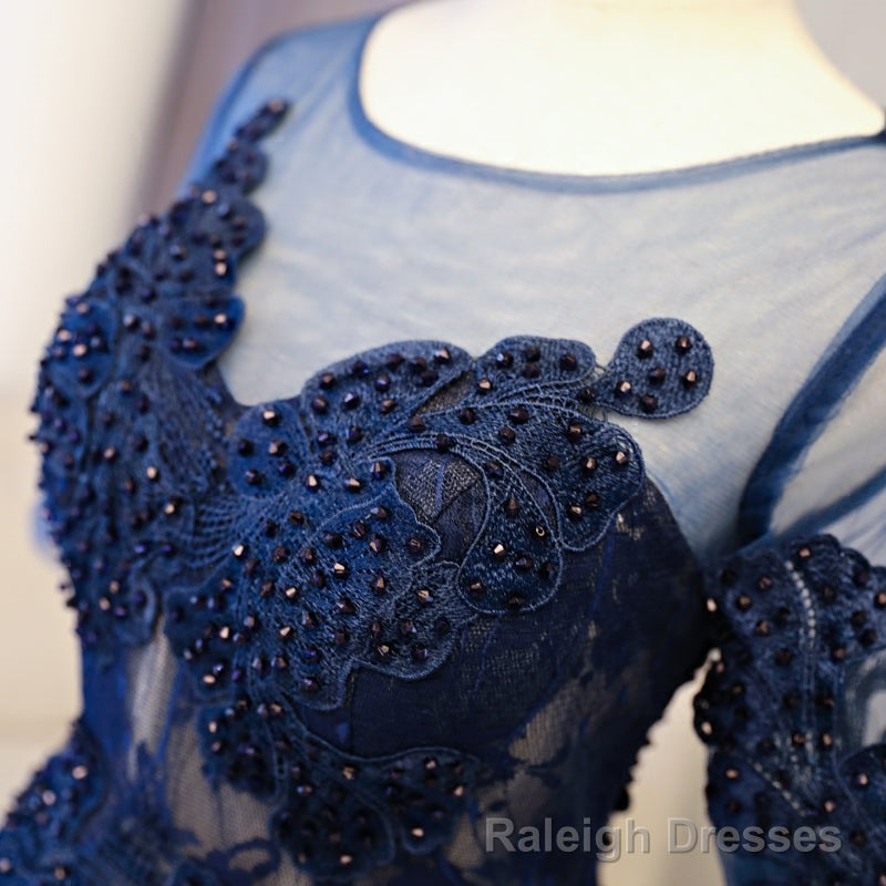 Cute Dark Blue Lace Short Prom Dress, Blue Homecoming Dress