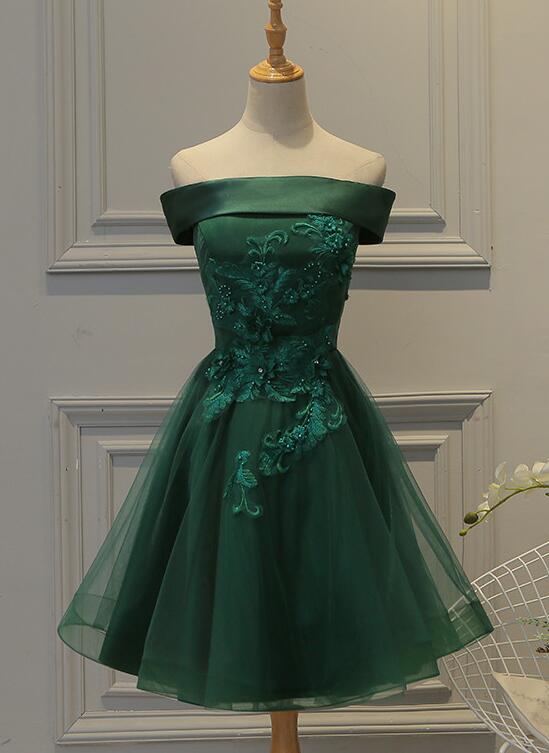 Cute Dark Green Off Shoulder Short Prom Dresses Tulle Homecoming Dresses