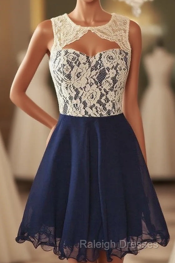 Cute Dark Navy Homecoming Dresses Lace Open Back Short Formal Dresses Main image
