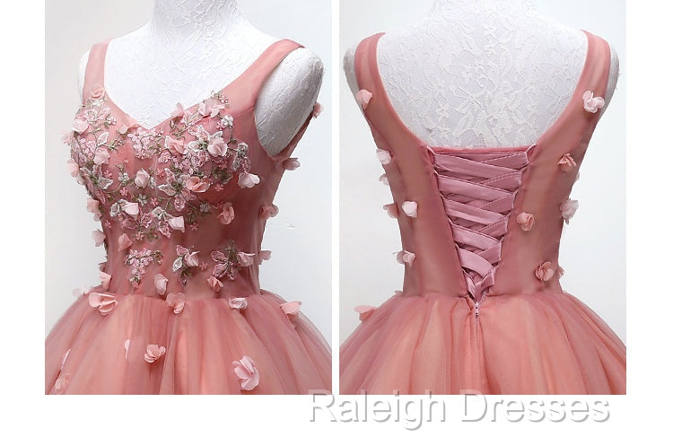Cute Dark Pearl Pink Knee Length V-Neckline Flower Homecoming Dresses New Prom Dress