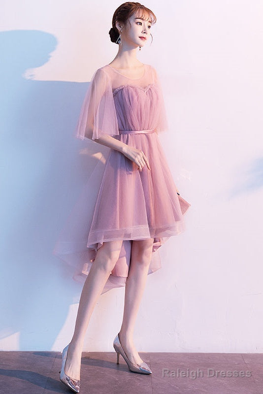 Cute Dark Pink High Low Tulle Round Neckline Prom Dresses Short Pink Homecoming Dress