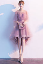 Cute Dark Pink High Low Tulle Round Neckline Prom Dresses Short Pink Homecoming Dress