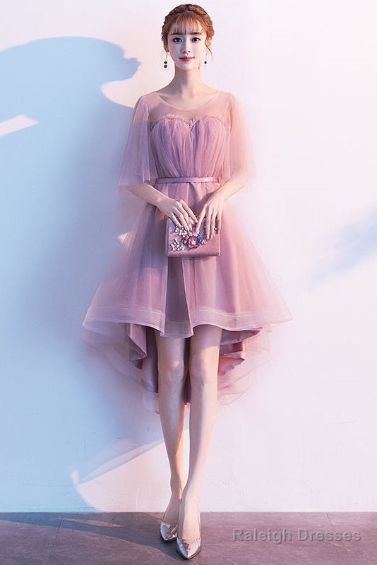 Cute Dark Pink High Low Tulle Round Neckline Prom Dresses Short Pink Homecoming Dress