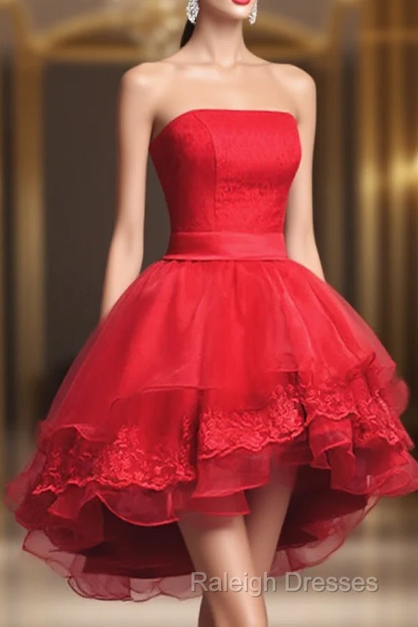 Cute Dark Red Tulle And Lace High Low Homecoming Dress, Short Party Dress Main image