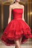 Cute Dark Red Tulle And Lace High Low Homecoming Dresses Short Prom Dresses