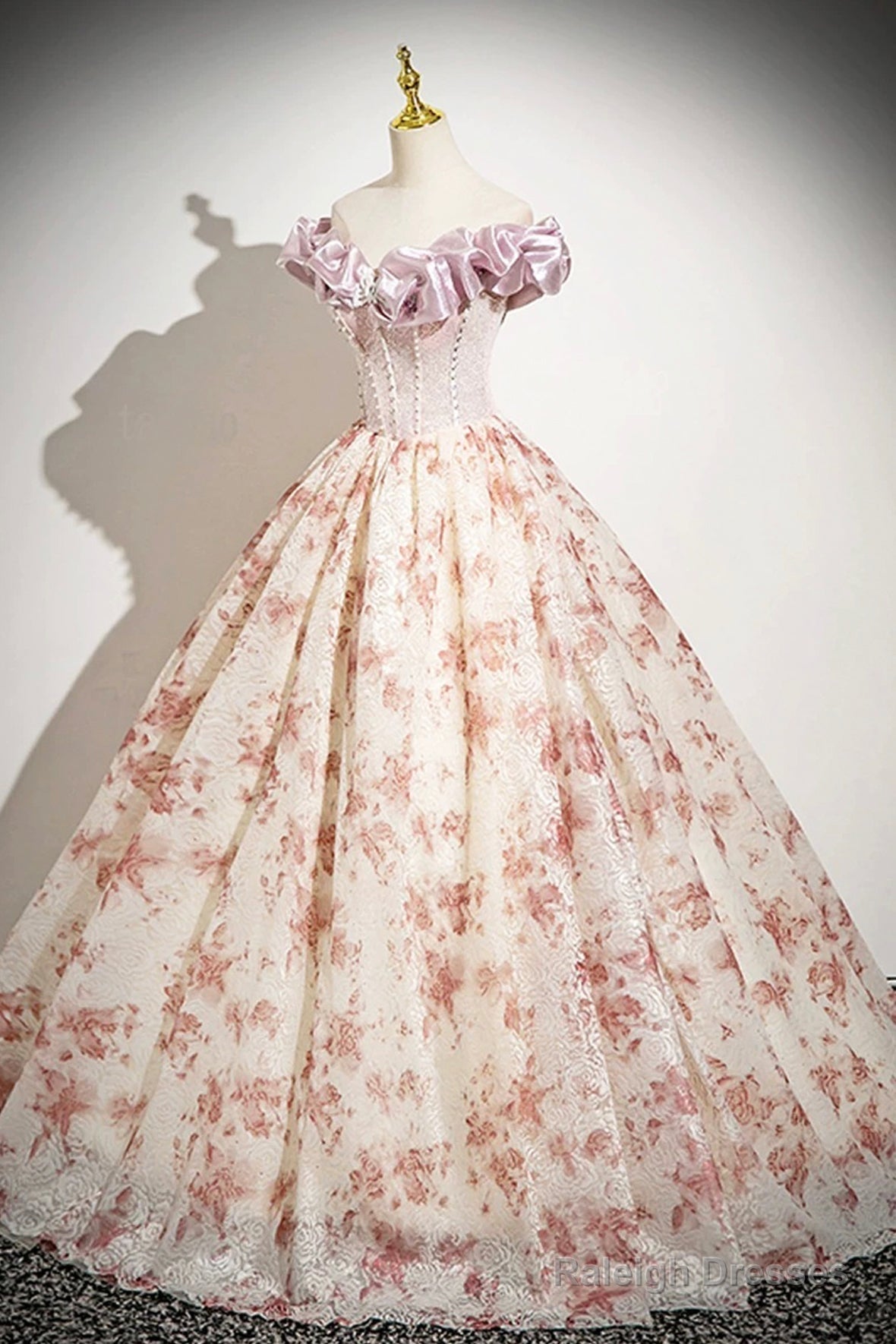 Cute Floral Floor Length Prom Dress With Corset, A-Line Off The Shoulder Evening Party Dress Secondary image