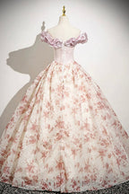Cute Floral Floor Length Prom Dress With Corset, A-Line Off The Shoulder Evening Party Dress