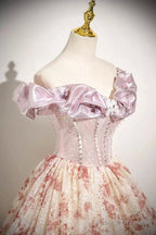 Cute Floral Floor Length Prom Dress With Corset, A-Line Off The Shoulder Evening Party Dress