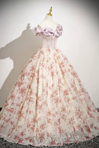 Cute Floral Floor Length Prom Dress With Corset, A-Line Off The Shoulder Evening Party Dress