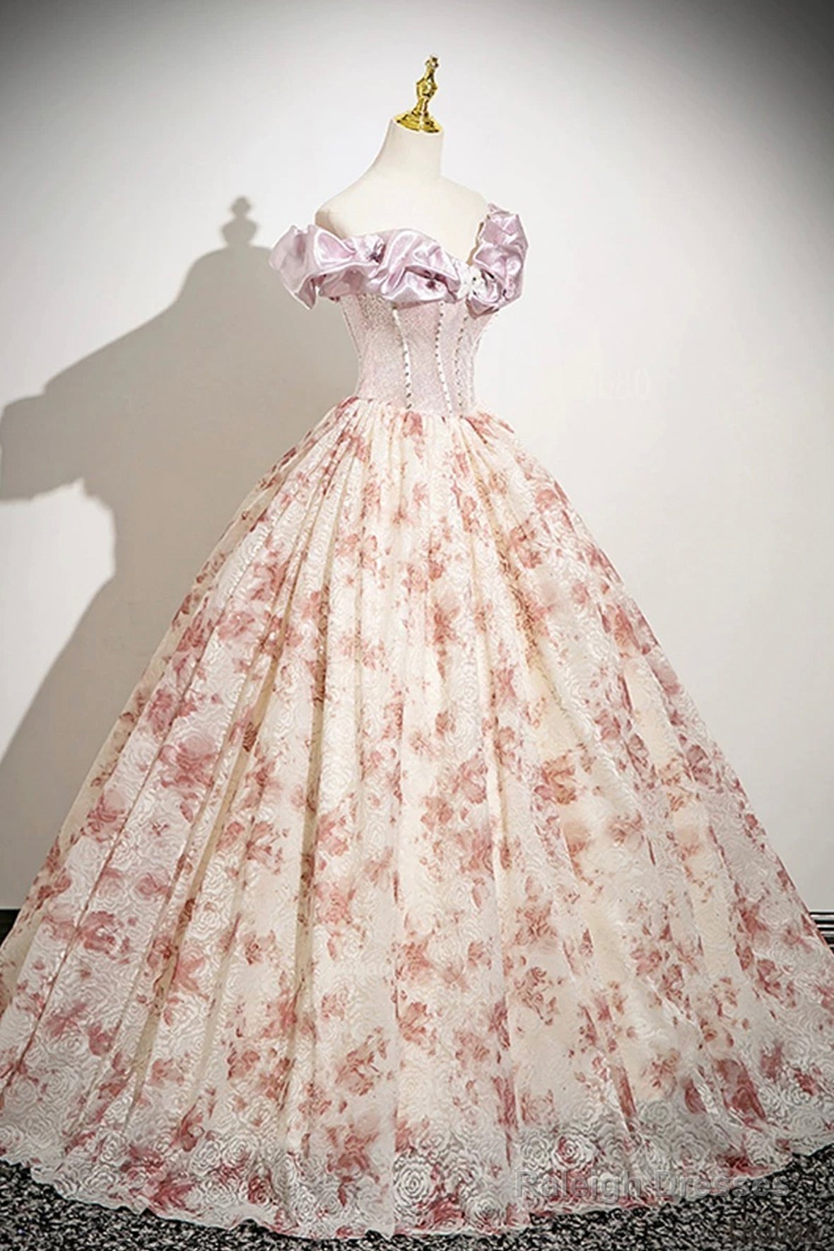 Cute Floral Floor Length Prom Dress With Corset, A-Line Off The Shoulder Evening Party Dress